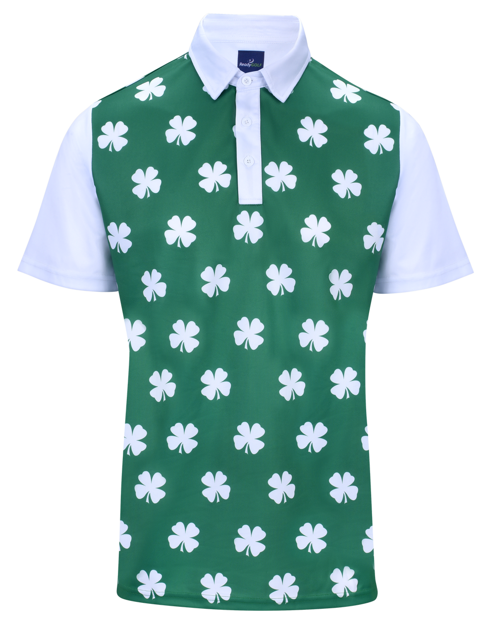 ReadyGOLF Four-Leaf Clover polo with white clovers on a green front, white sleeves and collar