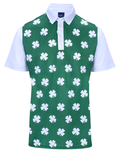 ReadyGOLF Four-Leaf Clover polo with white clovers on a green front, white sleeves and collar