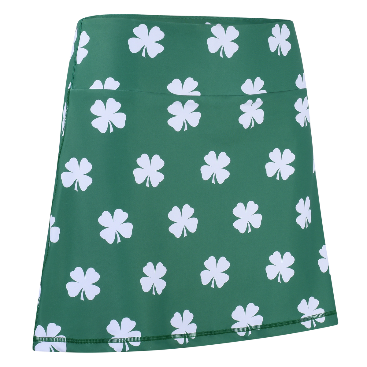 ReadyGOLF Four-Leaf Clover (White) women’s golf skort with white clovers on green