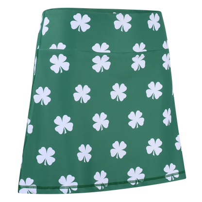 ReadyGOLF Four-Leaf Clover (White) women’s golf skort with white clovers on green
