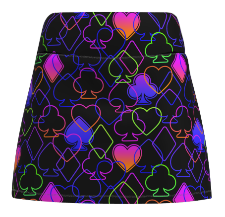 ReadyGOLF Wild Card women’s golf skort with multicolor playing-card suits on black