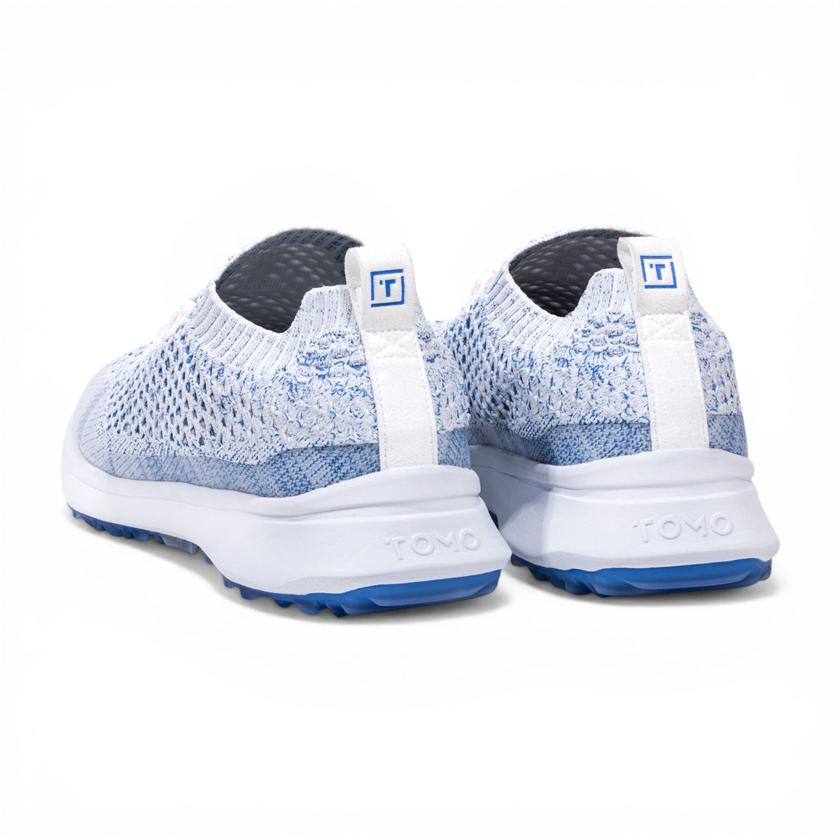 Tomo Bravo men's golf shoes in Sky Blue, rear view of the pair