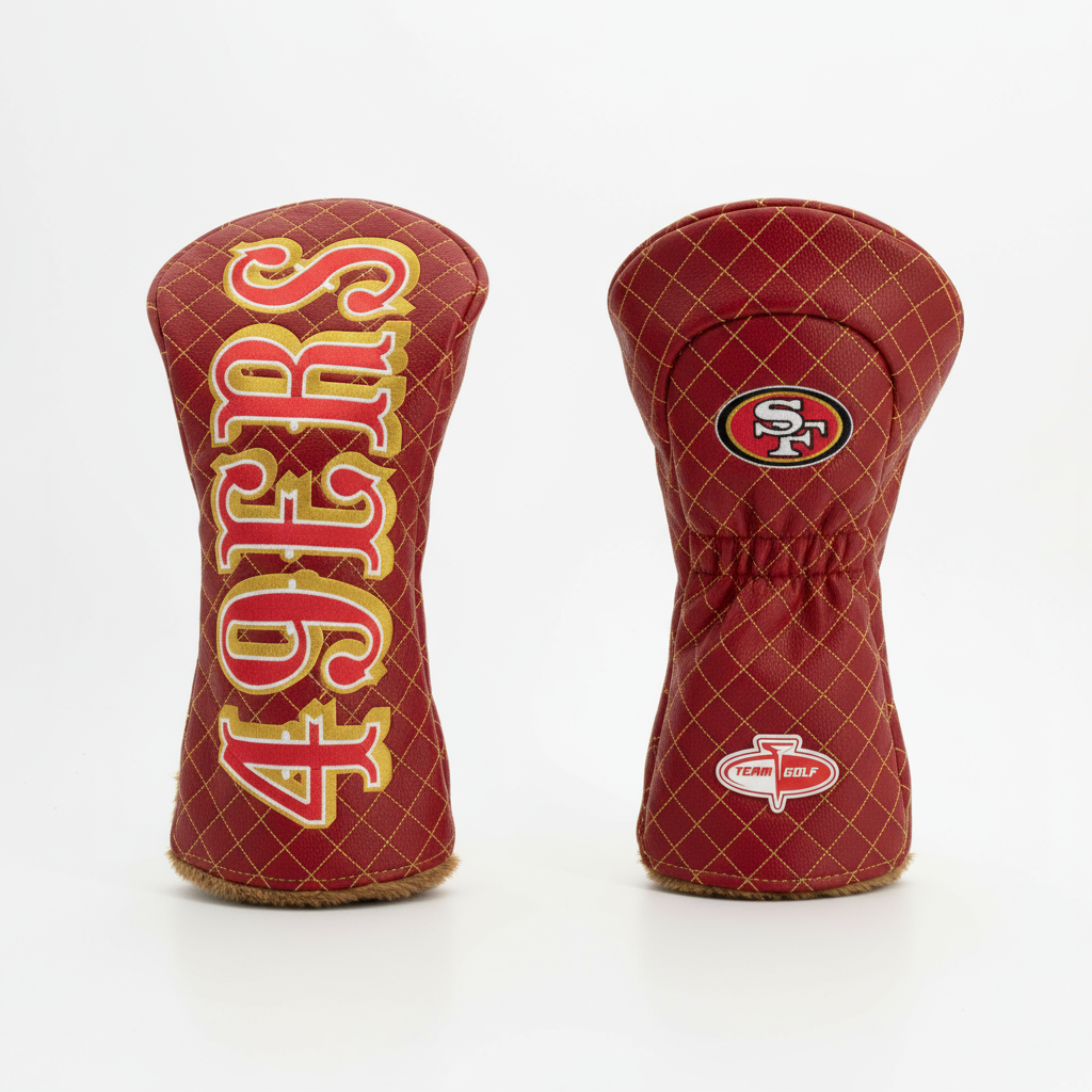 Two red golf club heads with '49ers' branding on a white background