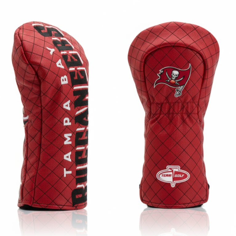 Two red golf club head covers with 'Tampa Bay Buccaneers' branding on a white background.
