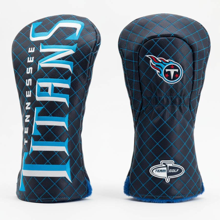 Two Tennessee Titans golf club headcovers on a white background
