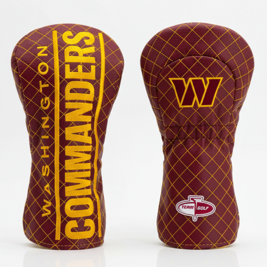 Two maroon and yellow golf club head covers with 'Washington Commanders' branding on a white background.