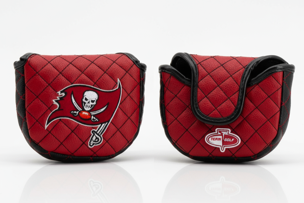 Two red quilted golf club covers with logos on a white background