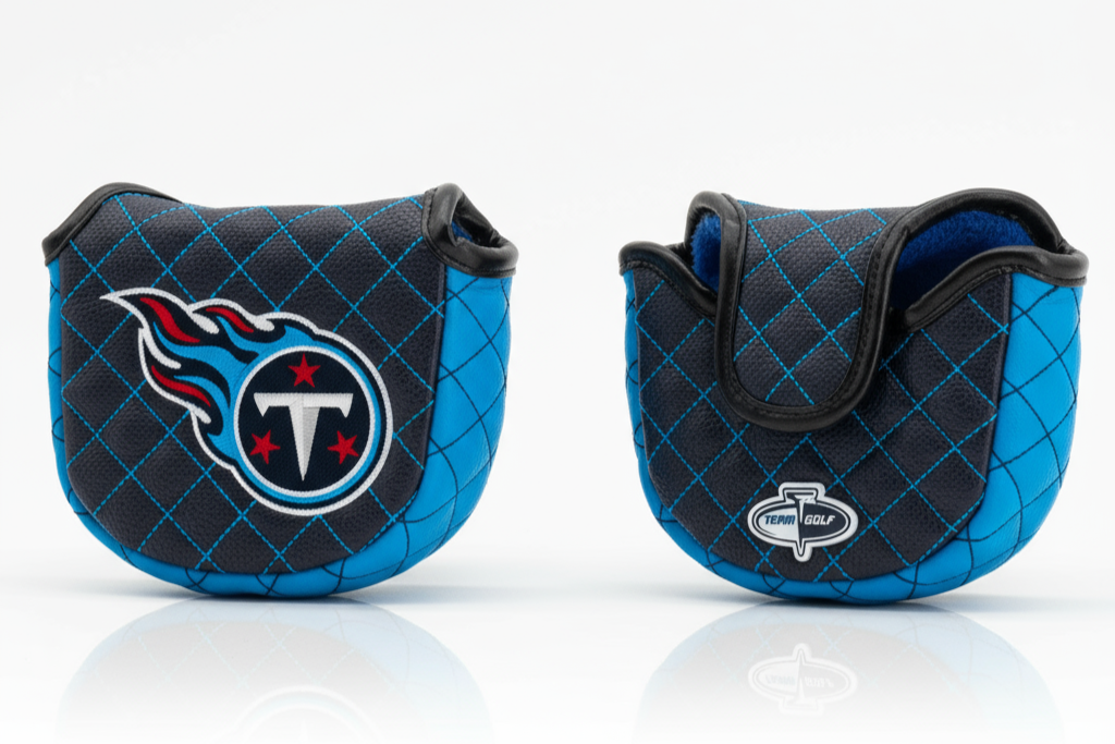 Two golf club covers with Tennessee Titans logo on a white background