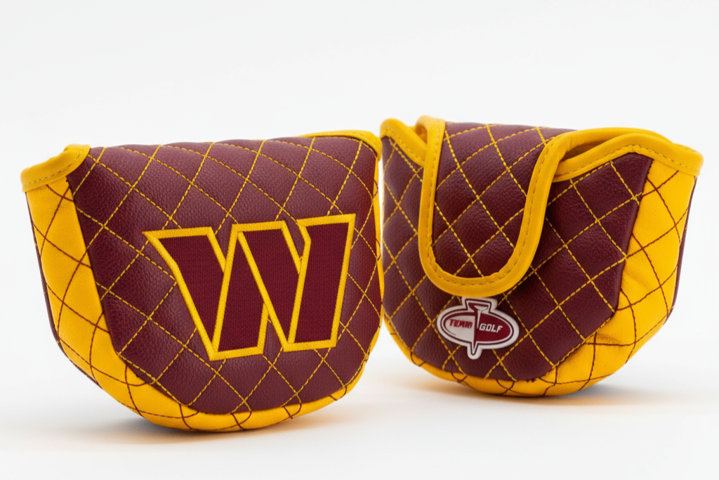 Two maroon and yellow golf club covers with a prominent 'W' logo on a white background.