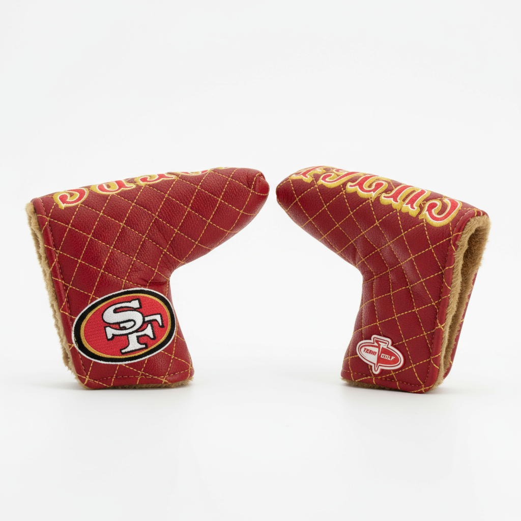 Two red quilted golf club covers with logos on a white background