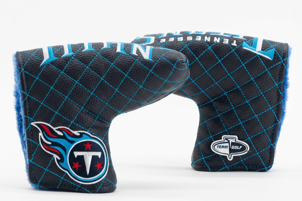 Golf club head covers with Tennessee Titans logo on a white background
