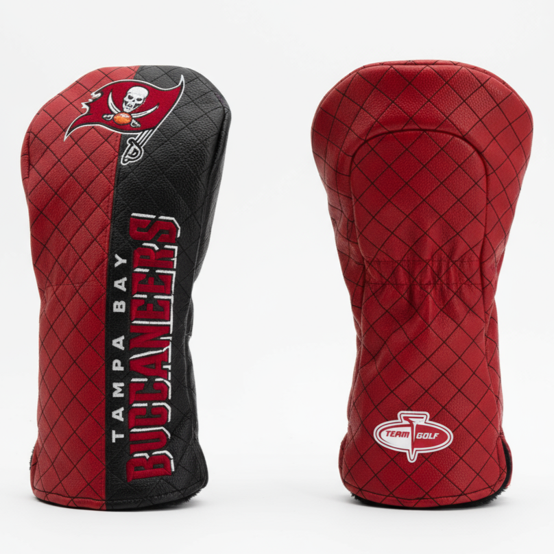 Two golf club head covers, one with Tampa Bay Buccaneers logo and the other red with diamond pattern, on a white background.