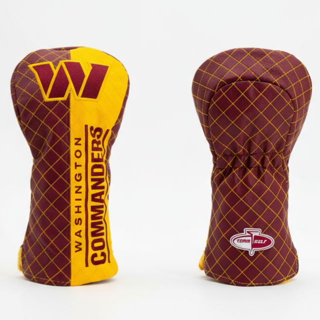Two golf club head covers, one yellow and one maroon, with 'Washington Commanders' branding on a white background.