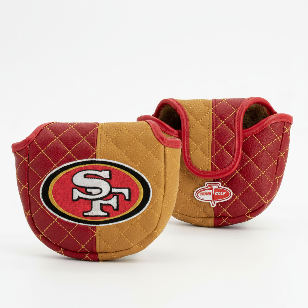Two quilted golf club covers with San Francisco 49ers logo on a white background