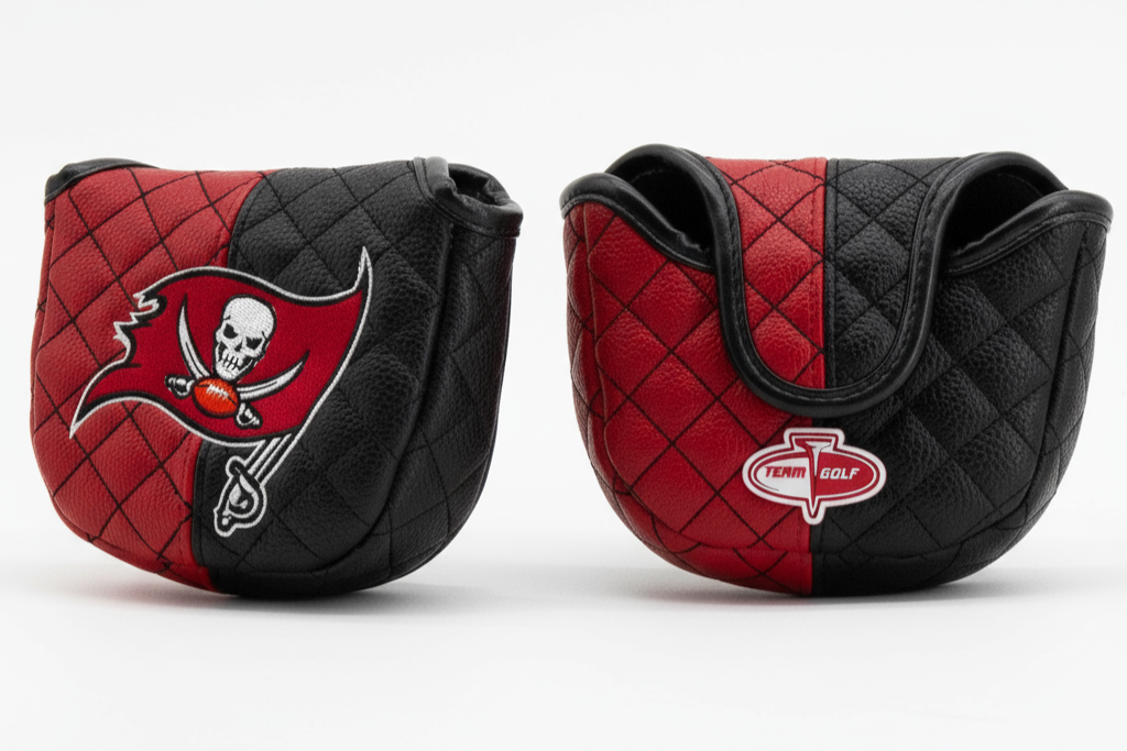Two golf club covers with a red and black design on a white background