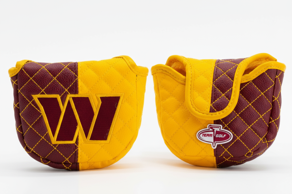 Two maroon and yellow golf club covers with a logo on a white background