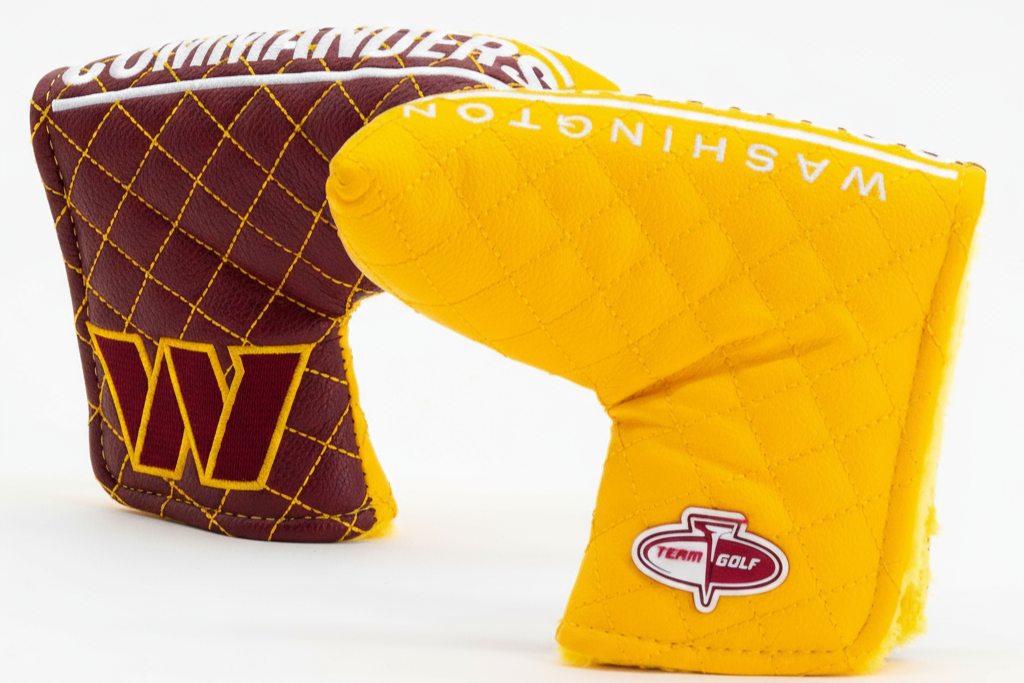 Two golf club head covers, one maroon with a yellow 'W' and the other yellow with a red and white logo, on a white background.
