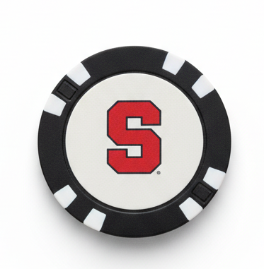 Poker chip with a red 'S' on a white background