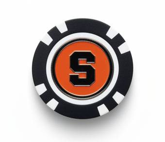 Circular logo with a blie border and orange center on a white background