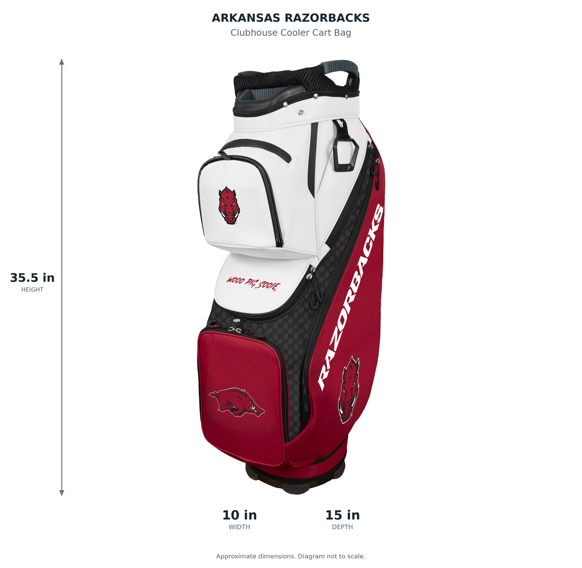 Arkansas Razorbacks Clubhouse Cooler Cart Bag - approximate dimensions: 35.5 inches high, 10 inches wide, 15 inches deep