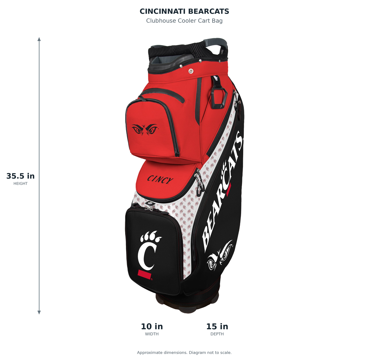Cincinnati Bearcats Clubhouse Cooler Cart Bag - approximate dimensions: 35.5 inches high, 10 inches wide, 15 inches deep