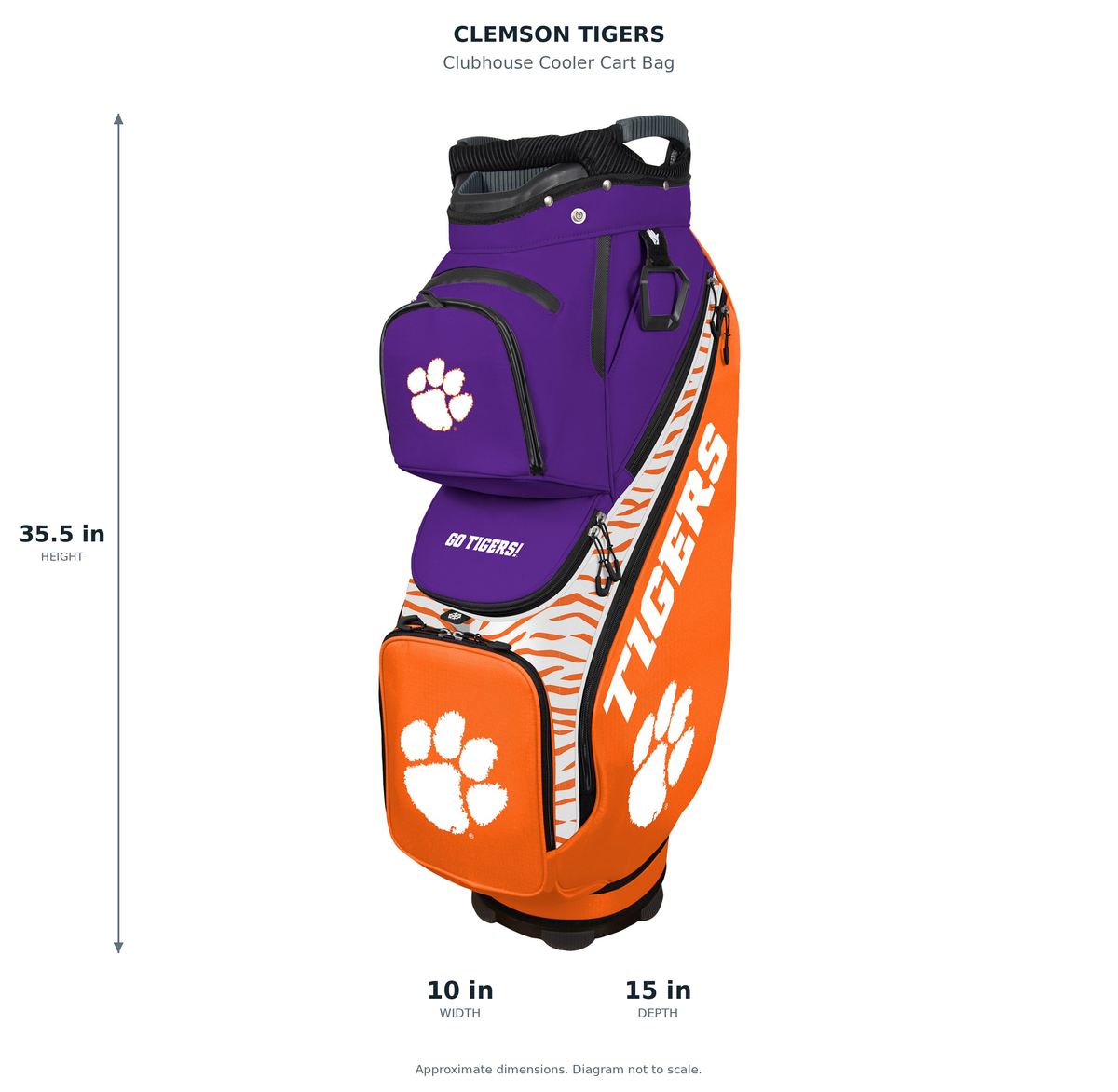 Clemson Tigers Clubhouse Cooler Cart Bag - approximate dimensions: 35.5 inches high, 10 inches wide, 15 inches deep