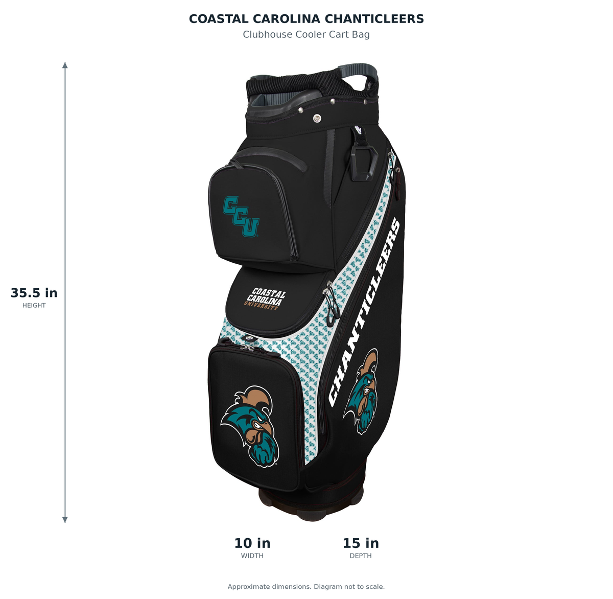 Coastal Carolina Chanticleers Clubhouse Cooler Cart Bag - approximate dimensions: 35.5 inches high, 10 inches wide, 15 inches deep