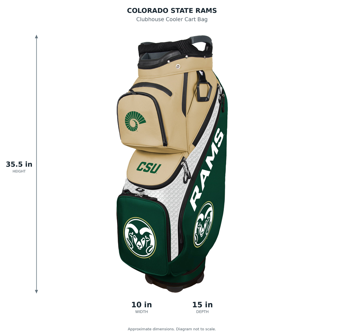 Colorado State Rams Clubhouse Cooler Cart Bag - approximate dimensions: 35.5 inches high, 10 inches wide, 15 inches deep