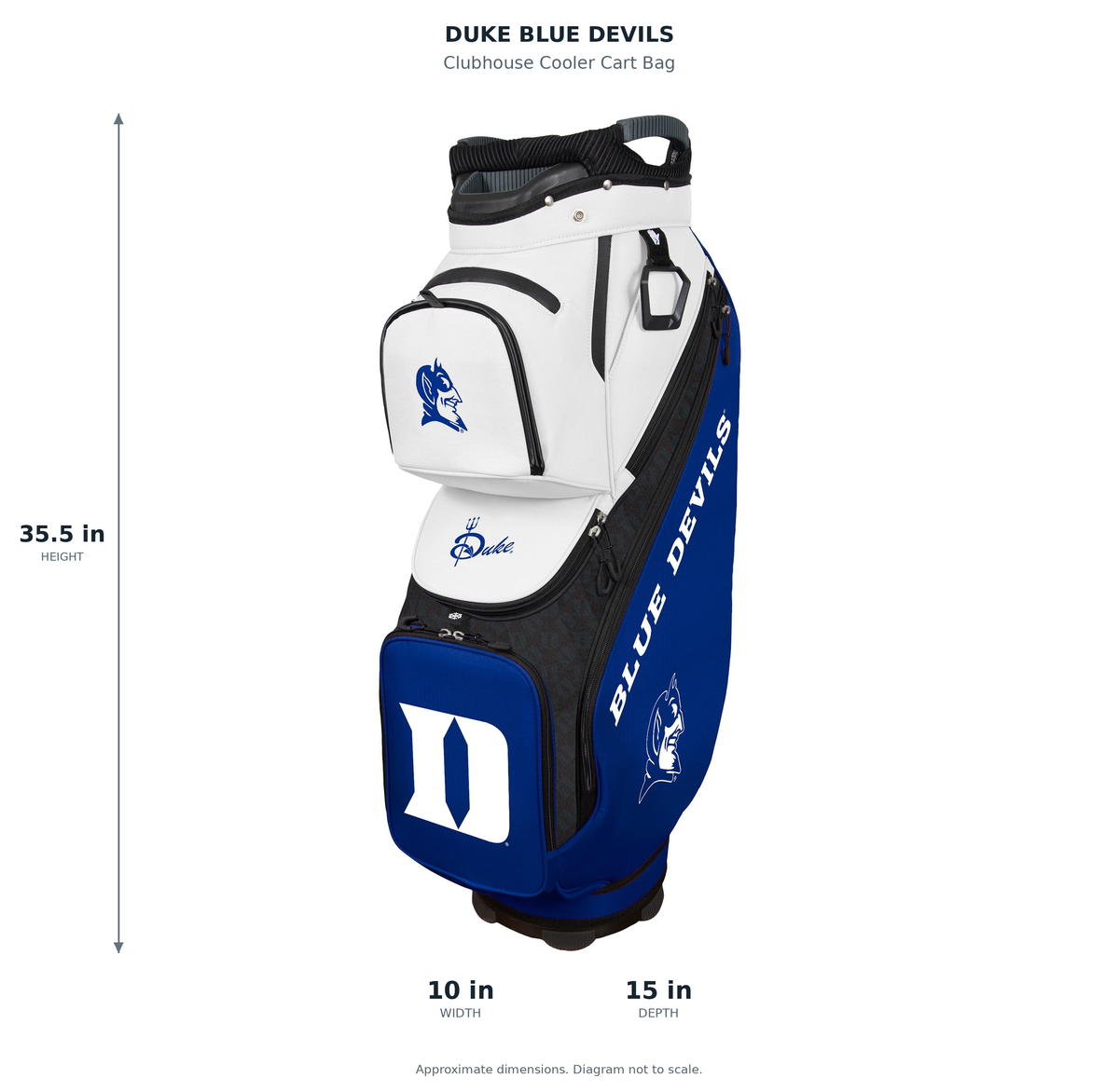 Duke Blue Devils Clubhouse Cooler Cart Bag - approximate dimensions: 35.5 inches high, 10 inches wide, 15 inches deep