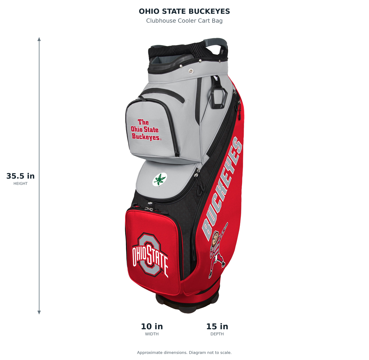 Ohio State Buckeyes Clubhouse Cooler Cart Bag - approximate dimensions: 35.5 inches high, 10 inches wide, 15 inches deep