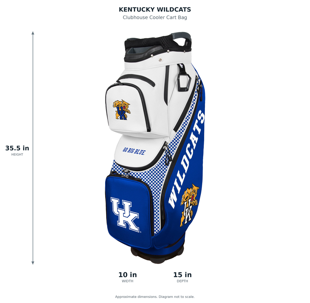 Kentucky Wildcats Clubhouse Cooler Cart Bag - approximate dimensions: 35.5 inches high, 10 inches wide, 15 inches deep