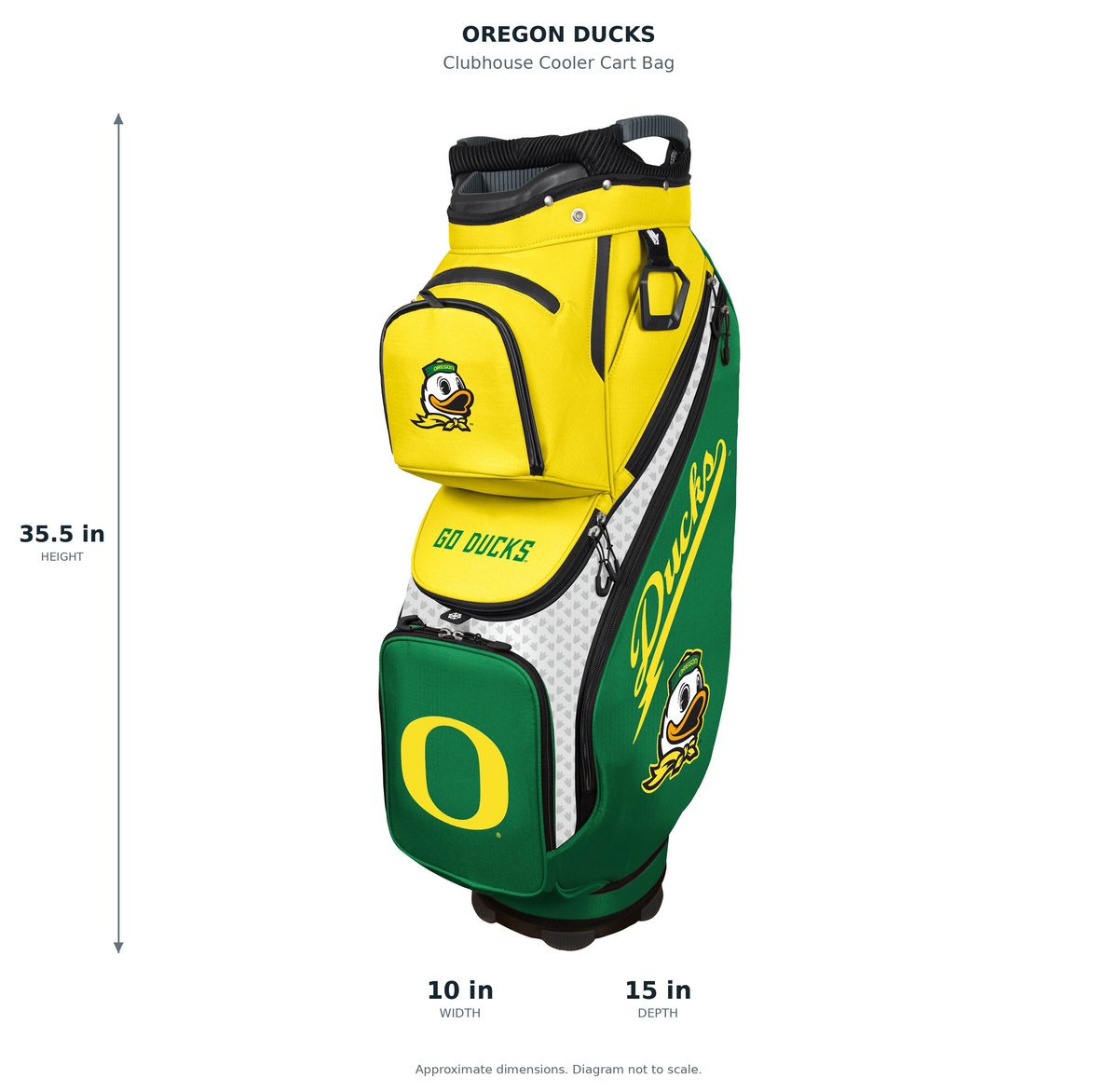 Oregon Ducks Clubhouse Cooler Cart Bag - approximate dimensions: 35.5 inches high, 10 inches wide, 15 inches deep