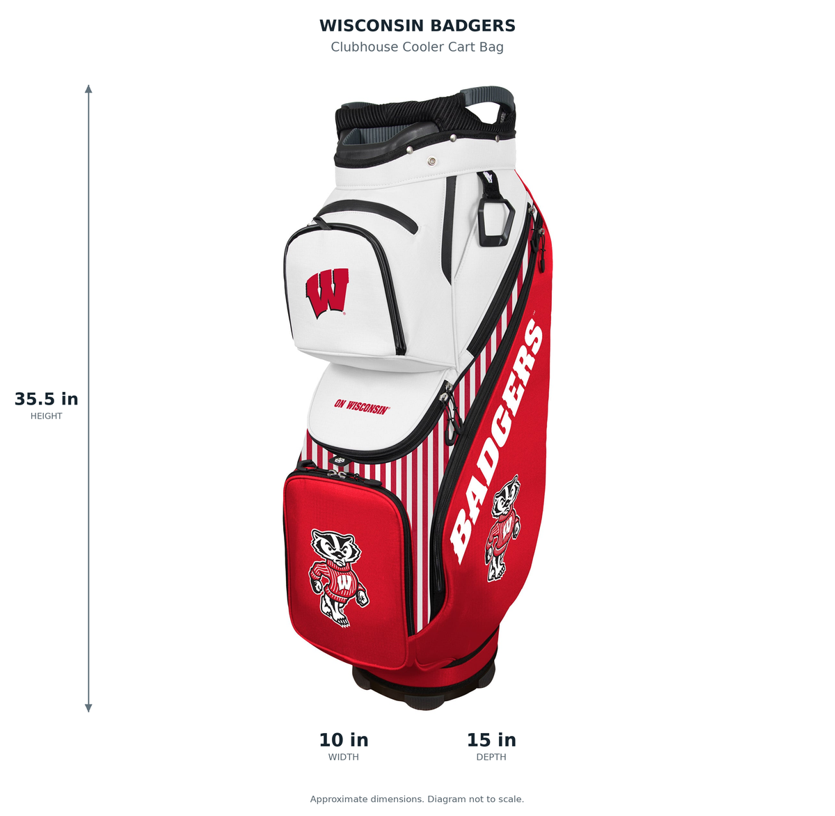 Wisconsin Badgers Clubhouse Cooler Cart Bag - approximate dimensions: 35.5 inches high, 10 inches wide, 15 inches deep