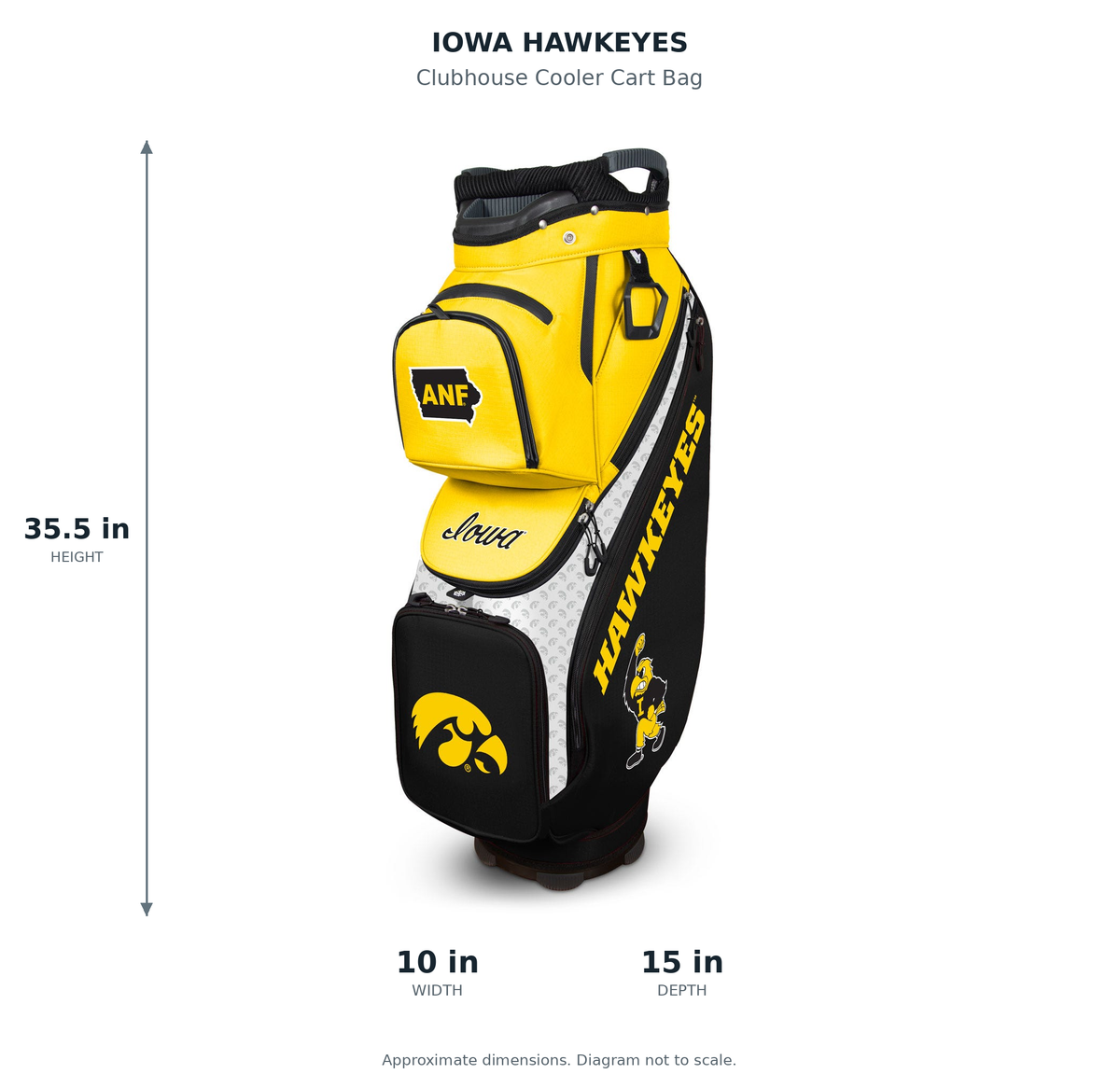 Iowa Hawkeyes Clubhouse Cooler Cart Bag - approximate dimensions: 35.5 inches high, 10 inches wide, 15 inches deep