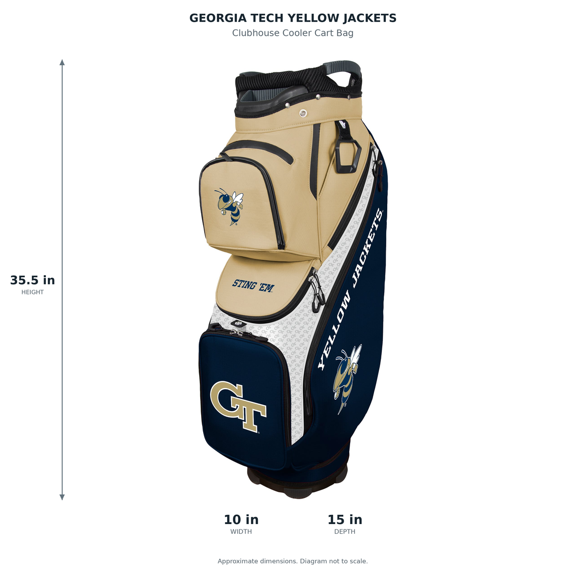 Georgia Tech Yellow Jackets Clubhouse Cooler Cart Bag - approximate dimensions: 35.5 inches high, 10 inches wide, 15 inches deep