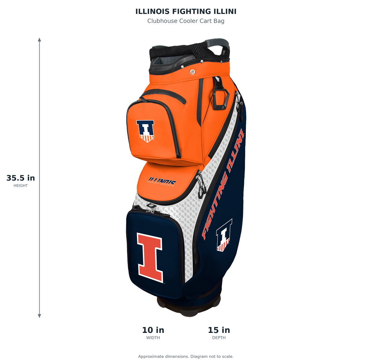 Illinois Fighting Illini Clubhouse Cooler Cart Bag - approximate dimensions: 35.5 inches high, 10 inches wide, 15 inches deep