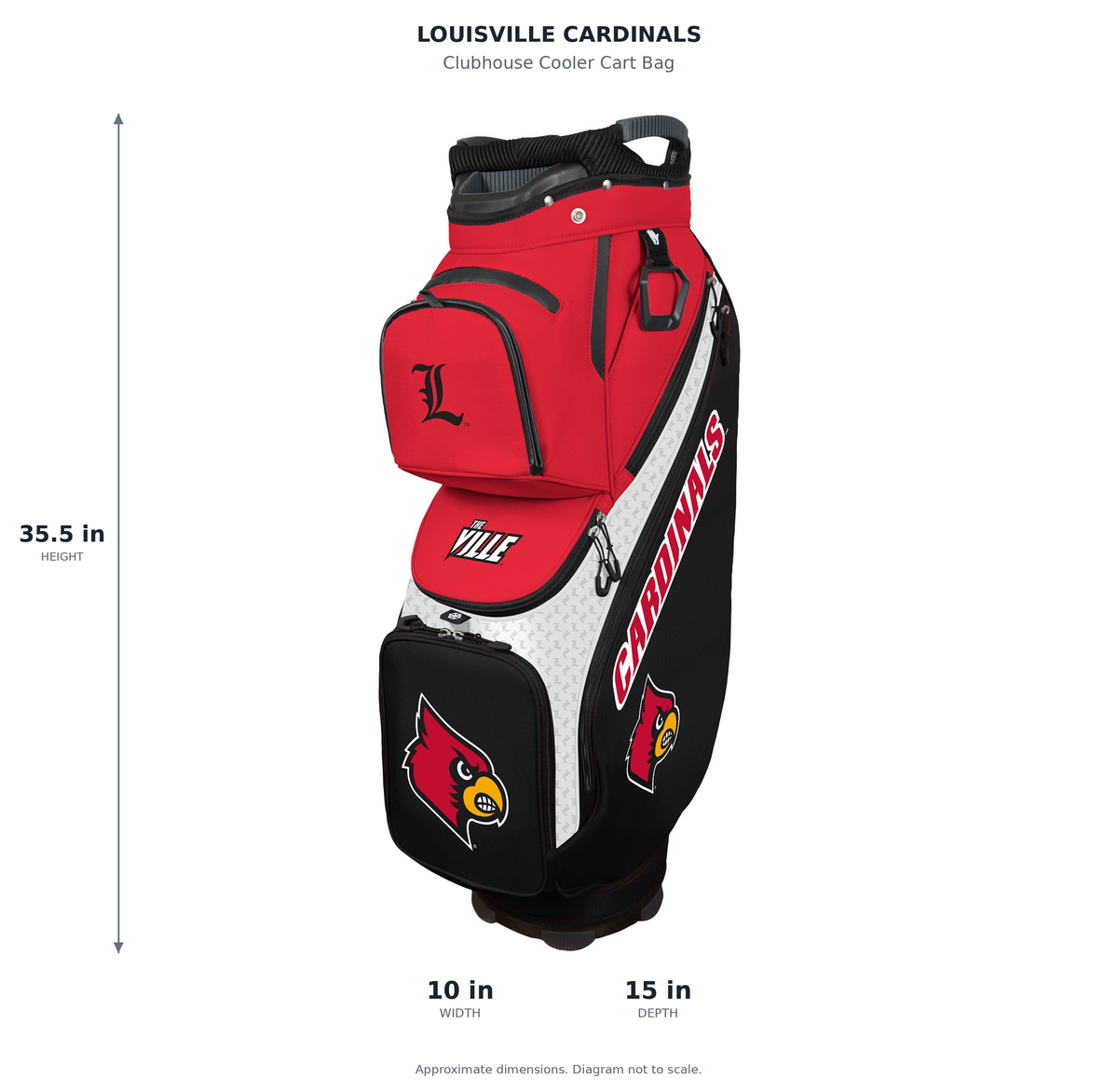 Louisville Cardinals Clubhouse Cooler Cart Bag - approximate dimensions: 35.5 inches high, 10 inches wide, 15 inches deep
