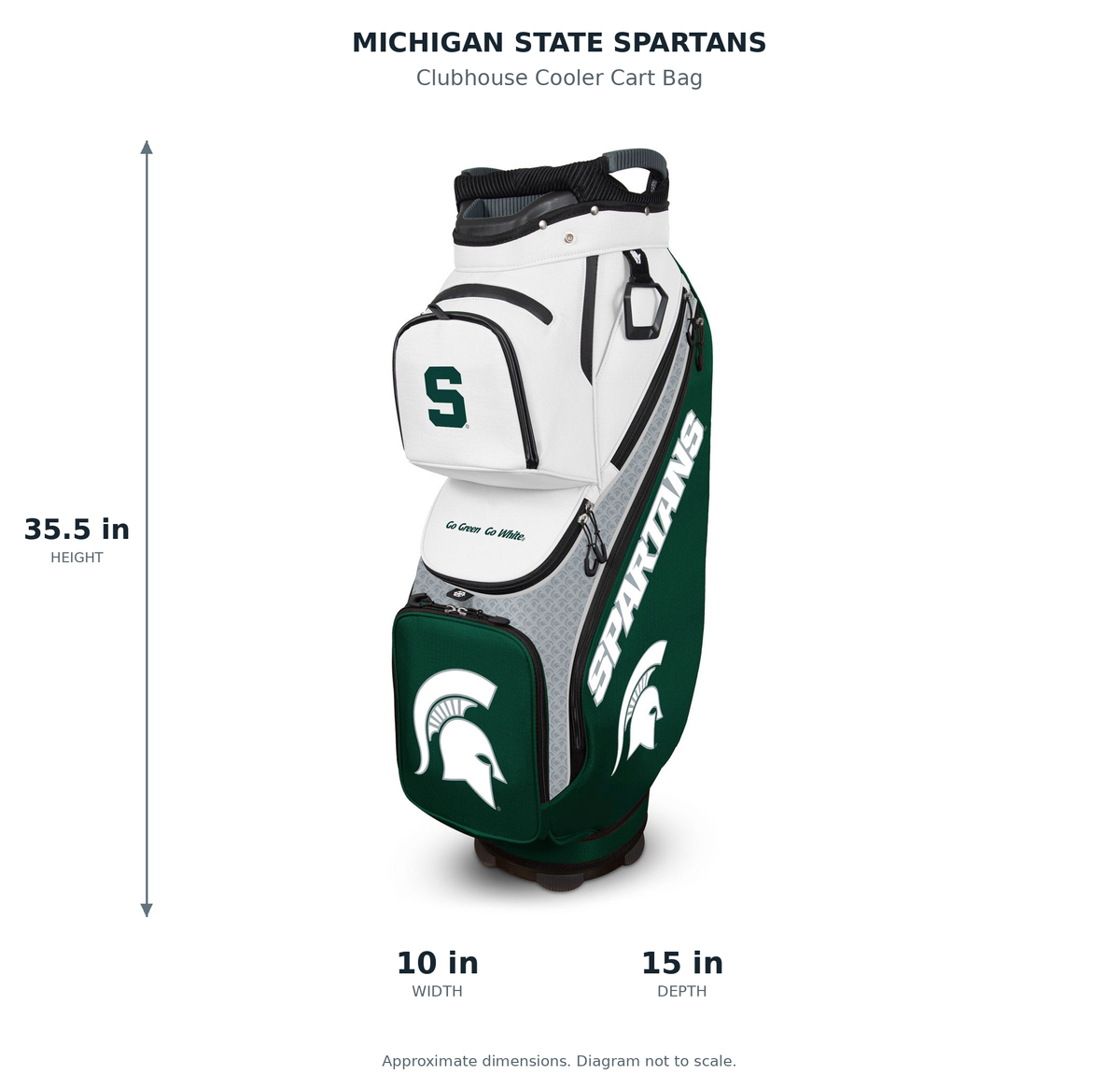 Michigan State Spartans Clubhouse Cooler Cart Bag - approximate dimensions: 35.5 inches high, 10 inches wide, 15 inches deep