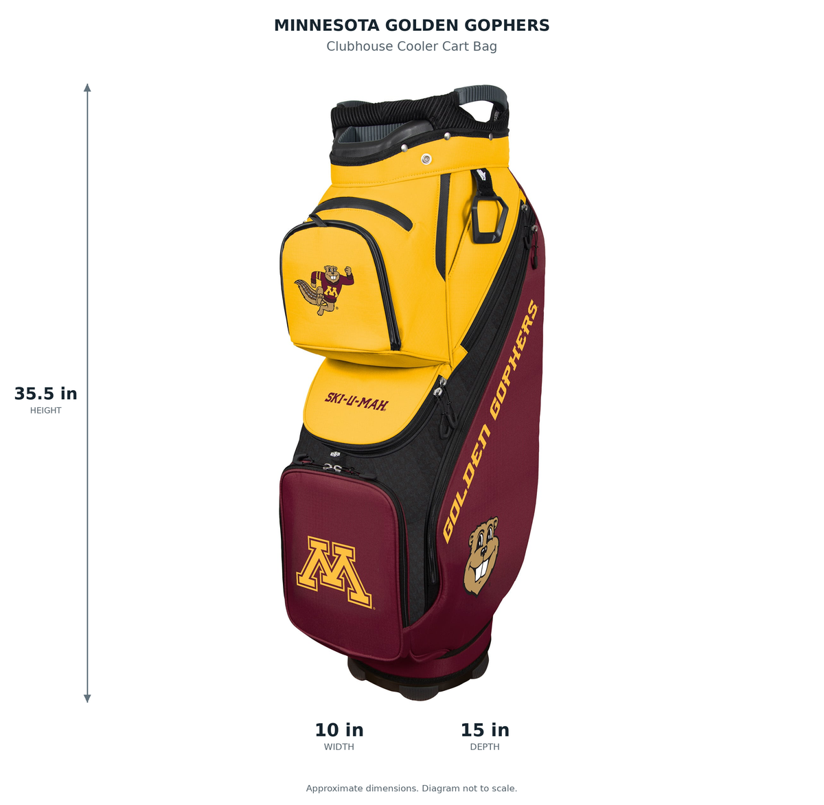 Minnesota Golden Gophers Clubhouse Cooler Cart Bag - approximate dimensions: 35.5 inches high, 10 inches wide, 15 inches deep