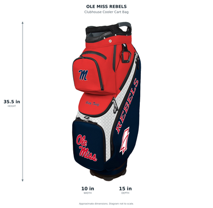 Ole Miss Rebels Clubhouse Cooler Cart Bag - approximate dimensions: 35.5 inches high, 10 inches wide, 15 inches deep