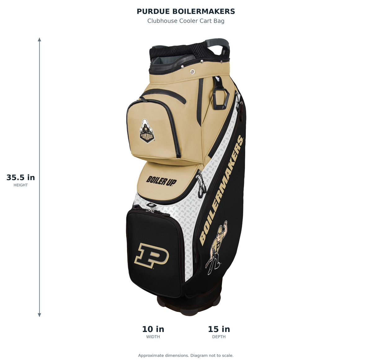 Purdue Boilermakers Clubhouse Cooler Cart Bag - approximate dimensions: 35.5 inches high, 10 inches wide, 15 inches deep