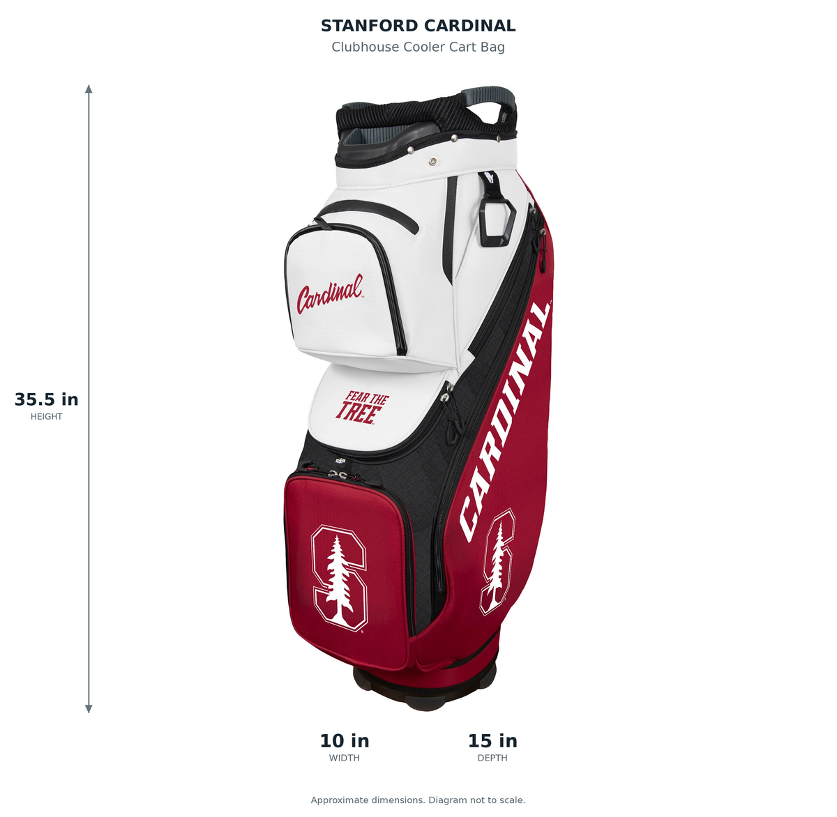 Stanford Cardinal Clubhouse Cooler Cart Bag - approximate dimensions: 35.5 inches high, 10 inches wide, 15 inches deep