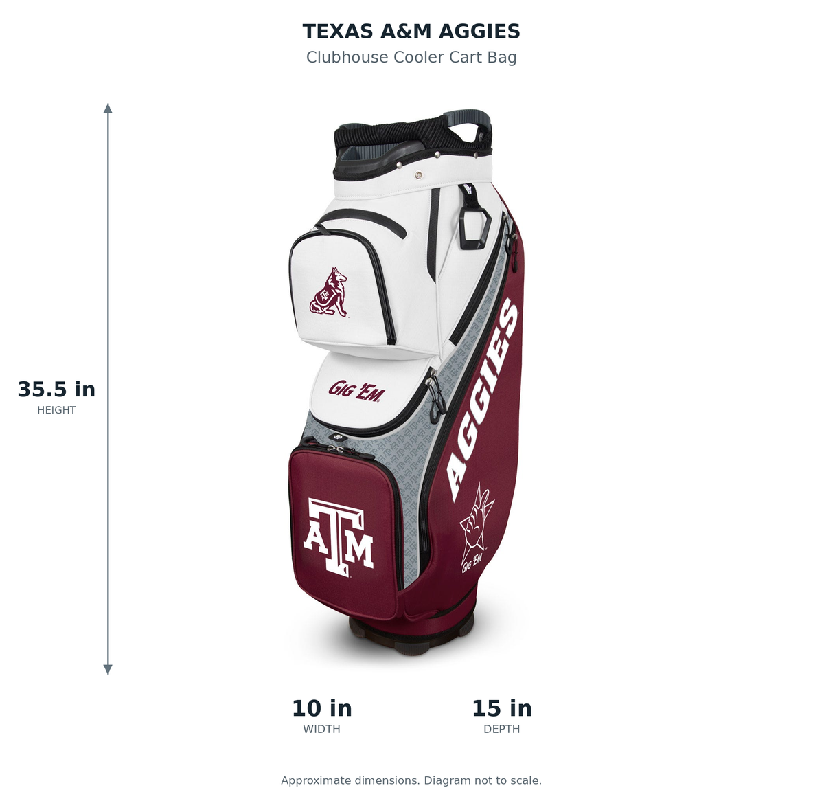 Texas A&M Aggies Clubhouse Cooler Cart Bag - approximate dimensions: 35.5 inches high, 10 inches wide, 15 inches deep