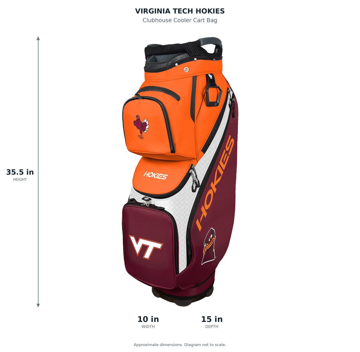 Virginia Tech Hokies Clubhouse Cooler Cart Bag - approximate dimensions: 35.5 inches high, 10 inches wide, 15 inches deep