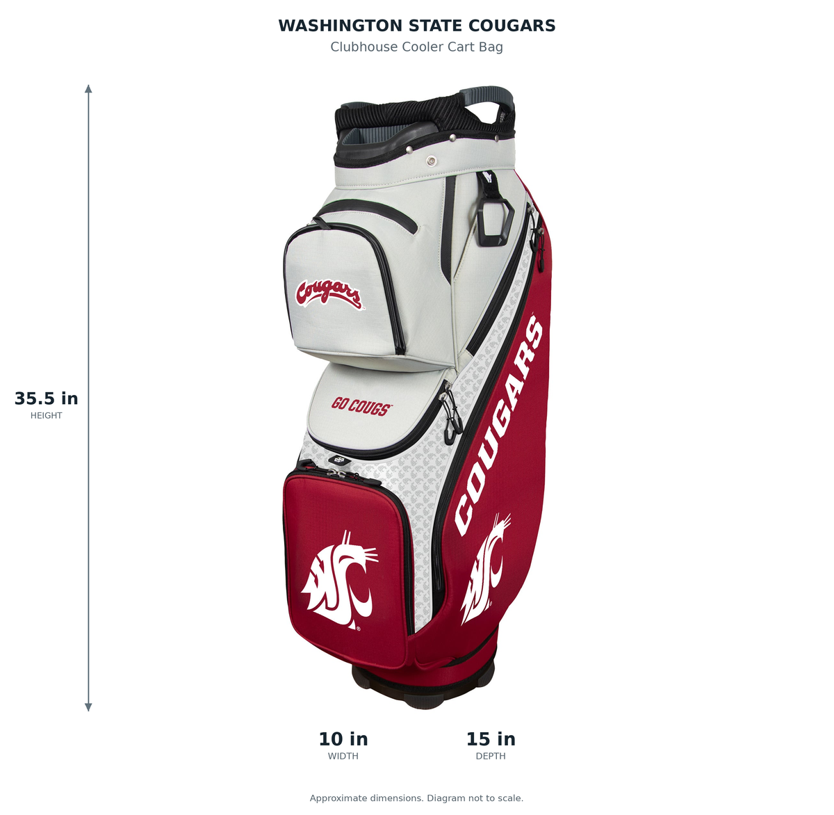 Washington State Cougars Clubhouse Cooler Cart Bag - approximate dimensions: 35.5 inches high, 10 inches wide, 15 inches deep
