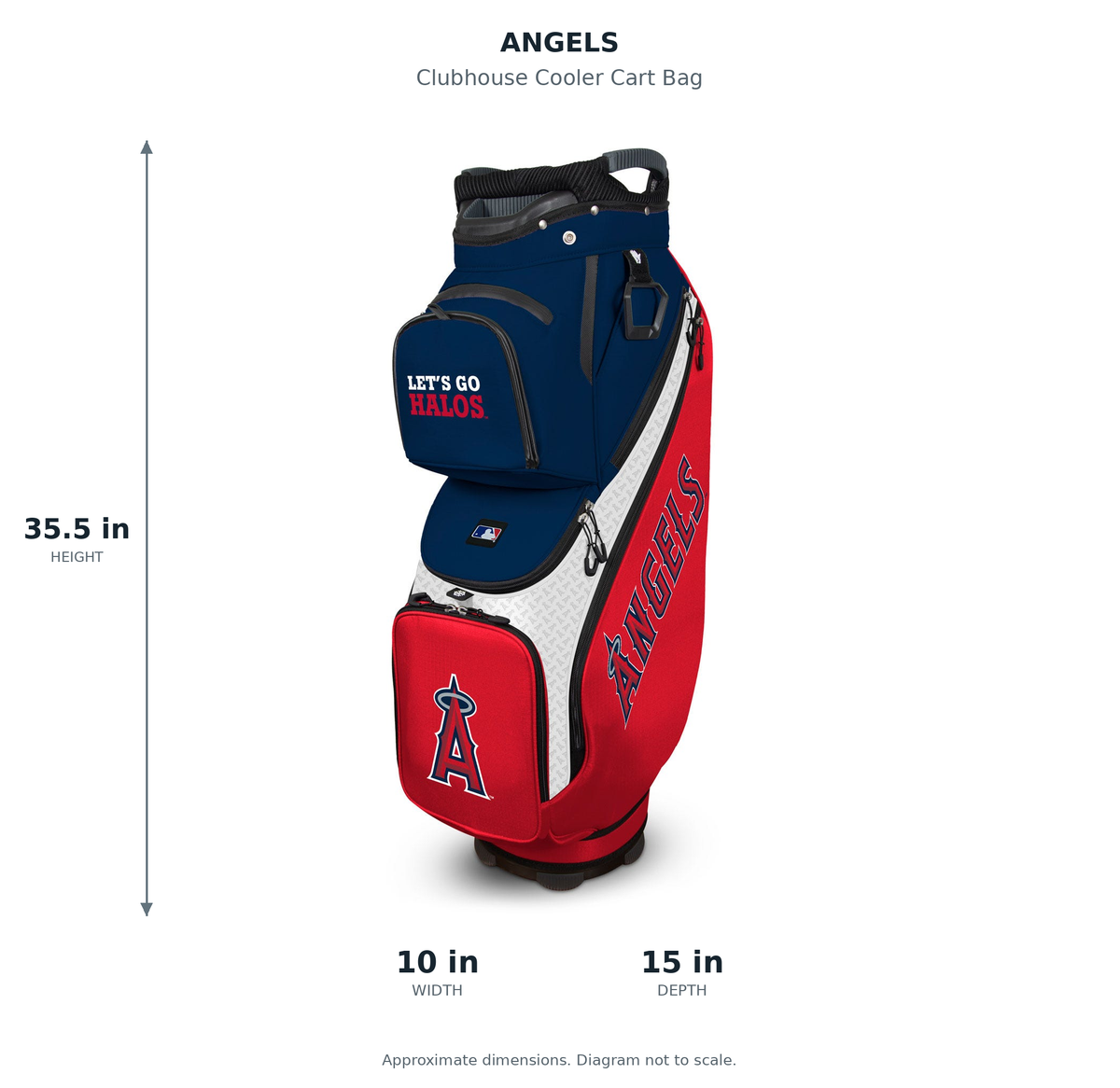 Angels Clubhouse Cooler Cart Bag - approximate dimensions: 35.5 inches high, 10 inches wide, 15 inches deep