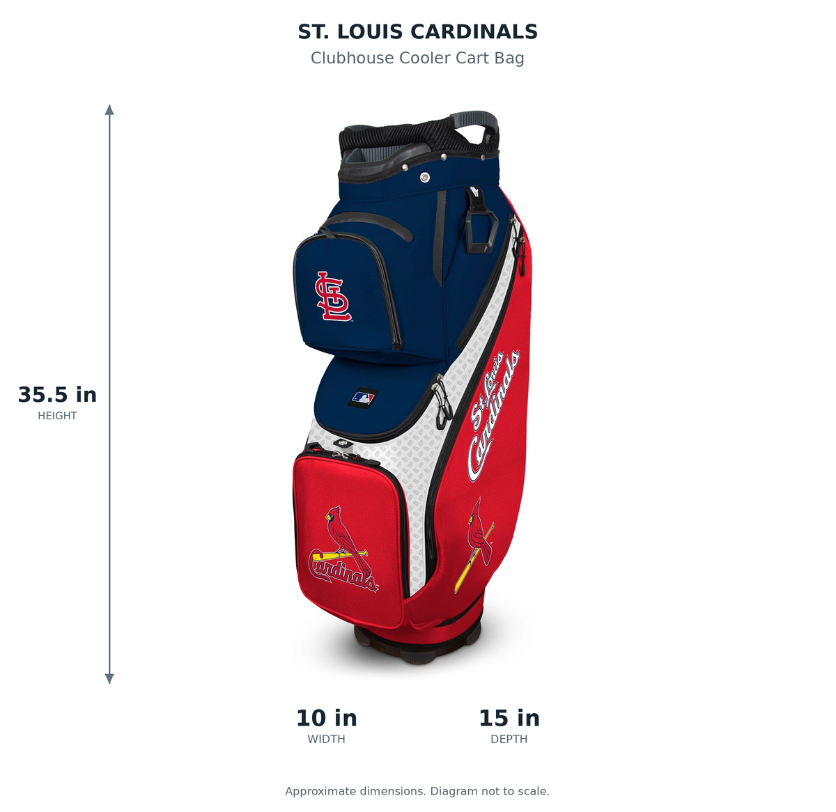 St. Louis Cardinals Clubhouse Cooler Cart Bag - approximate dimensions: 35.5 inches high, 10 inches wide, 15 inches deep