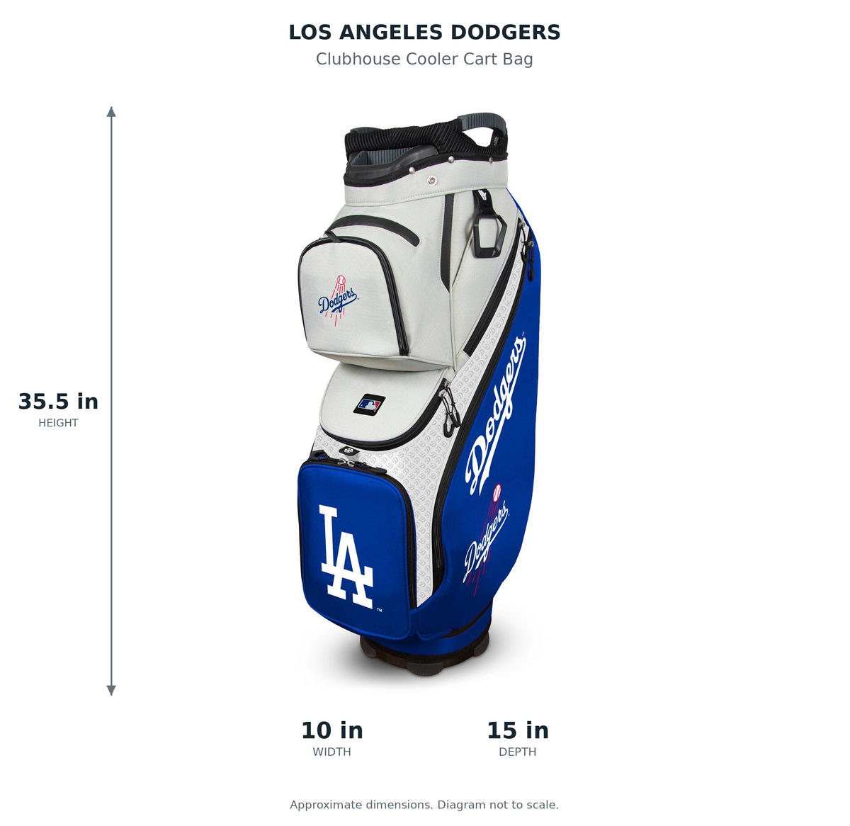 Los Angeles Dodgers Clubhouse Cooler Cart Bag - approximate dimensions: 35.5 inches high, 10 inches wide, 15 inches deep