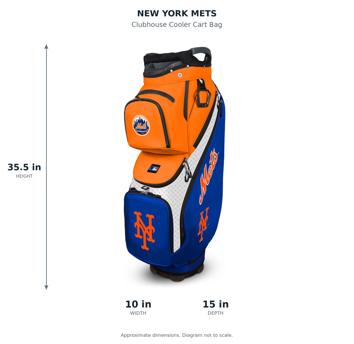 New York Mets Clubhouse Cooler Cart Bag - approximate dimensions: 35.5 inches high, 10 inches wide, 15 inches deep