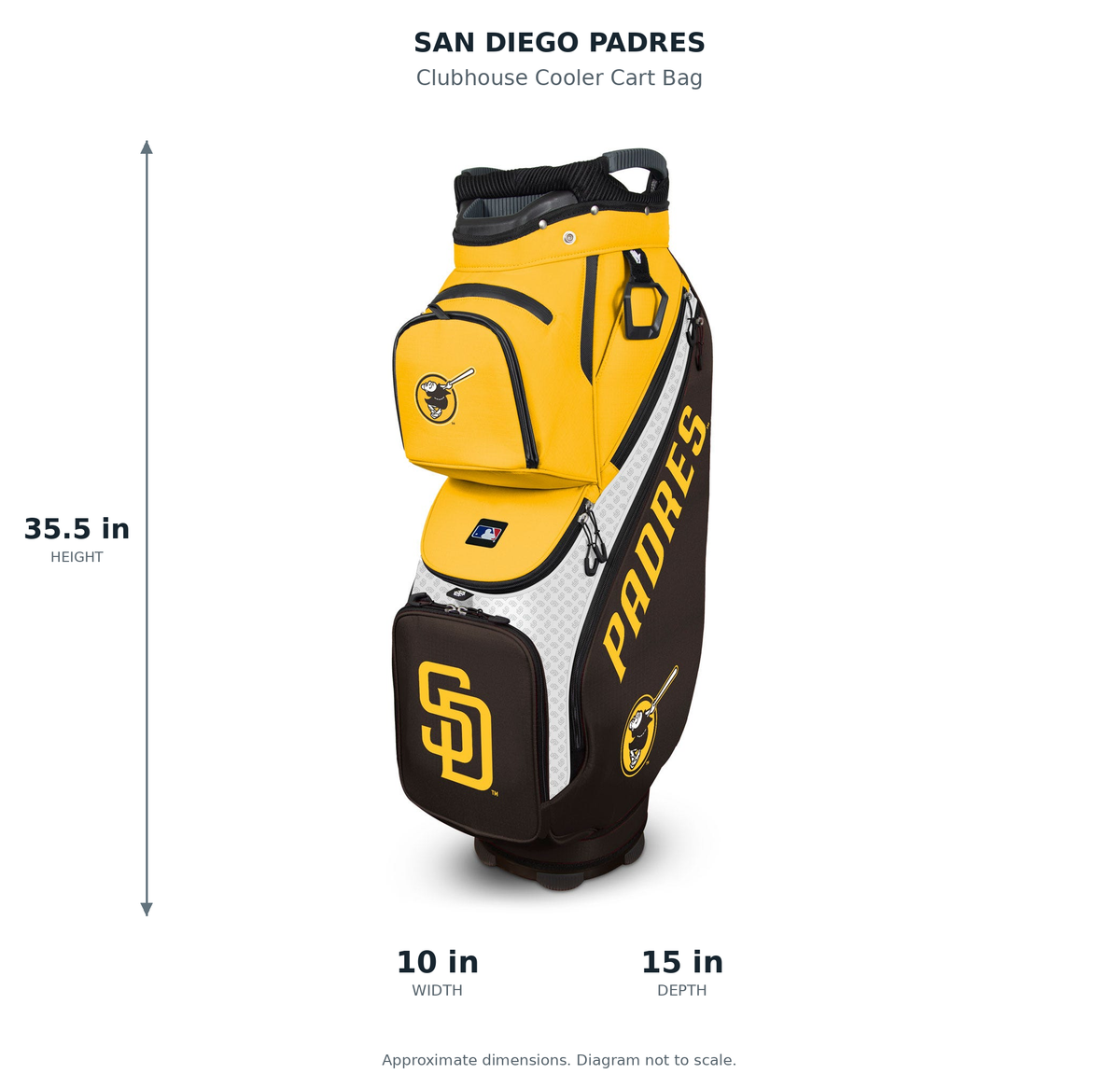 San Diego Padres Clubhouse Cooler Cart Bag - approximate dimensions: 35.5 inches high, 10 inches wide, 15 inches deep